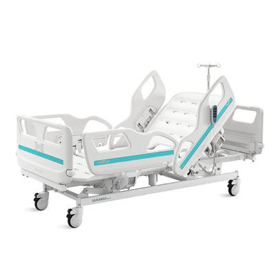 Cama clínica eléctrica V6v de estructura reforzada con barandas de altura extra y portasuero