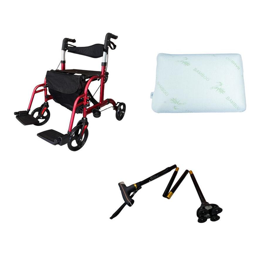 Pack andador RedRover, bastón plegable, almohada