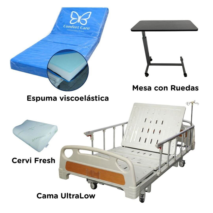 Pack cama eléctrica: colchón visco, mesa con ruedas, almohada cervical