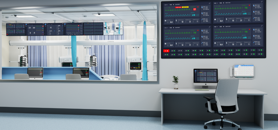 eCenter Viewer mostrando información de pacientes en pasillos o salas de estar